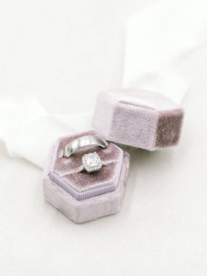 Mauve Light Purple Velvet Hexagon Ring Box for wholesale by Belle Box Boutique