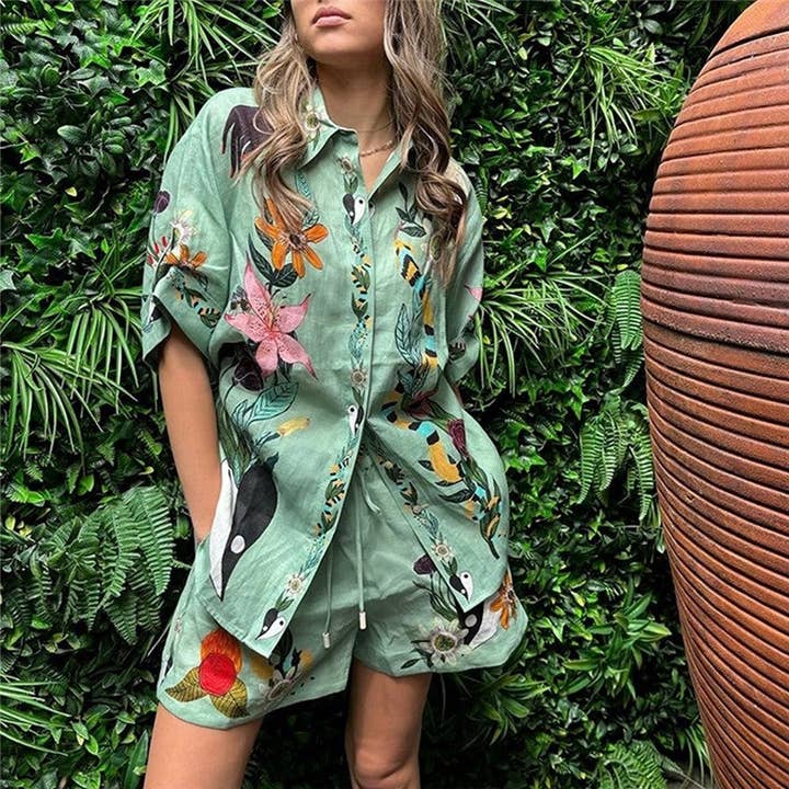 GREEN Relaxed Fit Printed Short Sleeve Shirt And Shorts Set for wholesale on Faire