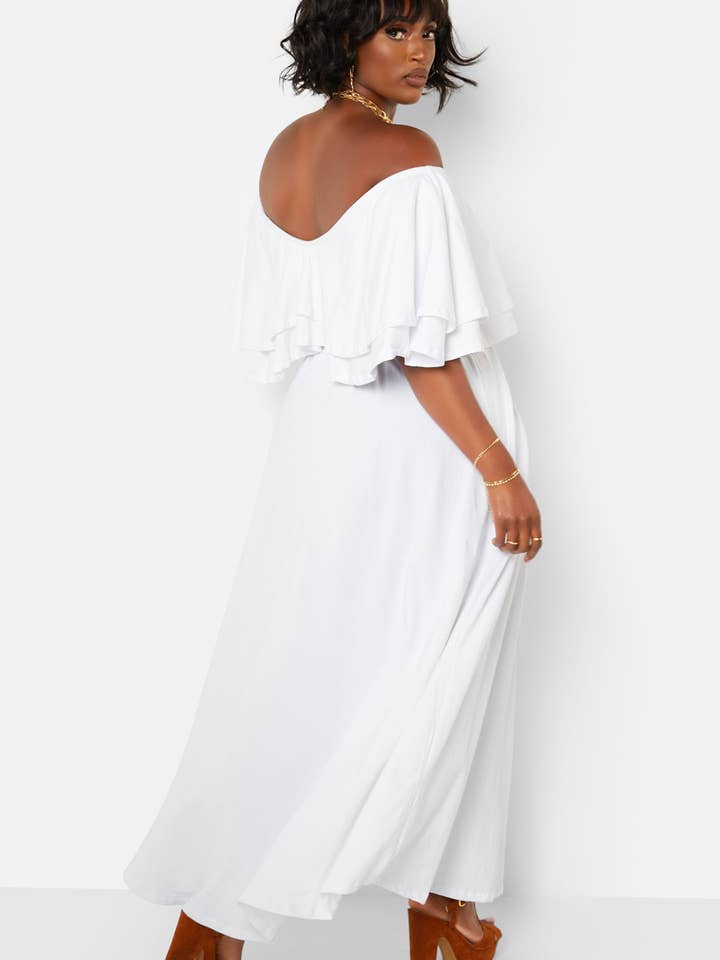 White Rock The Boat Ruffle Over The Shoulder Side Slit Skater Maxi Dress for wholesale on Faire