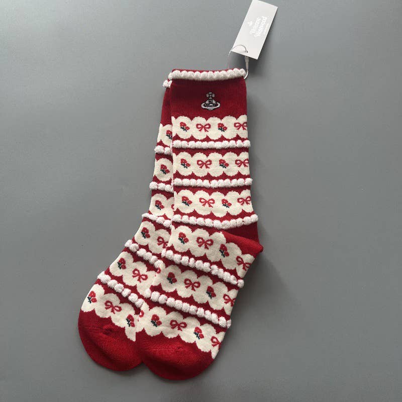 Tourtiwi - Wholesale Socks - Women's - Red Snowflake & Geometric Patterns Christmas Crew Socks31