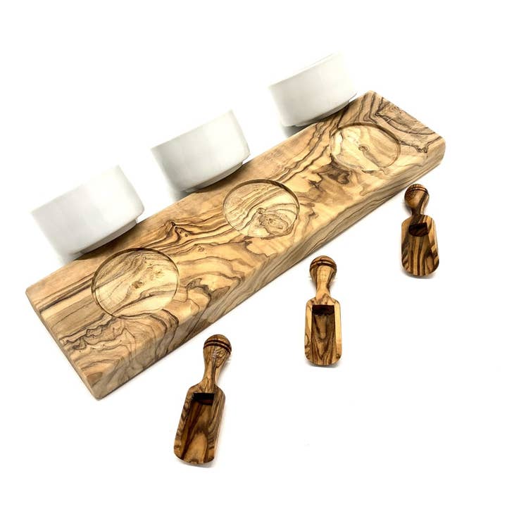 olivenholz-erleben - Wholesale Salt & pepper shaker set - 3-piece salt bowl FANO3 with salt chips, olive wood3