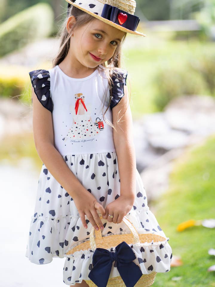 Vestido com corações azul-marinho e detalhes na frente e manga por atacado de Piccola Speranza
