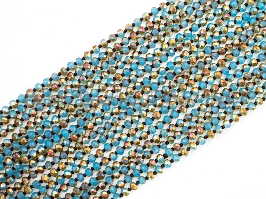 BestBeads&Beyond - Wholesale Beaded/Pearl Necklace - 60"/36" Long Hand Knotted Blue Gold Color Crystal Necklace, Double Wrap Necklace, Turquoise Color 4mm/8mm Rondelle Crystal Beads, SKU#D192