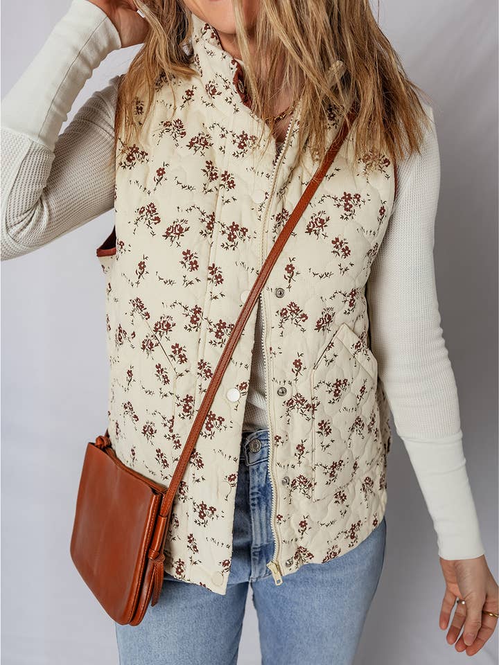 Floral Print Zip Up Quilted Vest (S-XL) for wholesale by 66DISCO