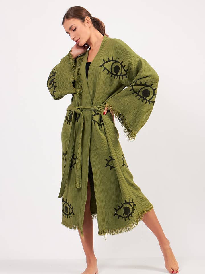 Kimono para festival color verde oliva con estampado turco de ojo malvado para venta al por mayor de Yaz Concepts
