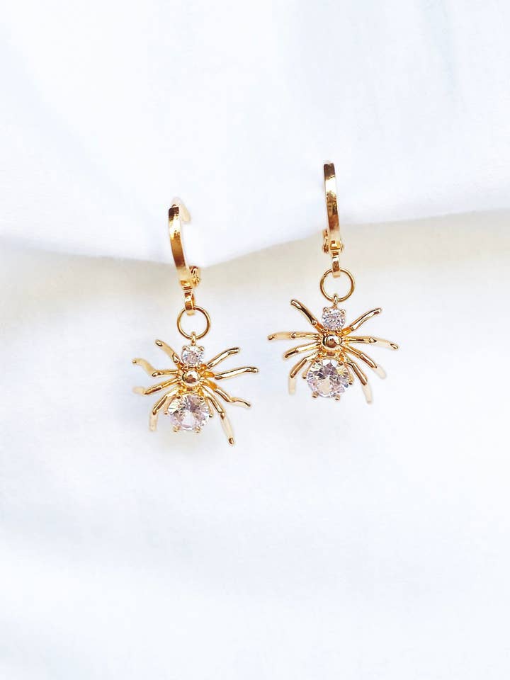 18k Gold Diamond Spider Hoop Earrings with Crystal Charms for wholesale by Zebber Handmade