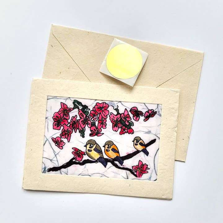 Eclectic Woodchuck – wholesale Vardagliga hälsningskort – Rosa höjd blomma med fåglar Batik anteckningskort
