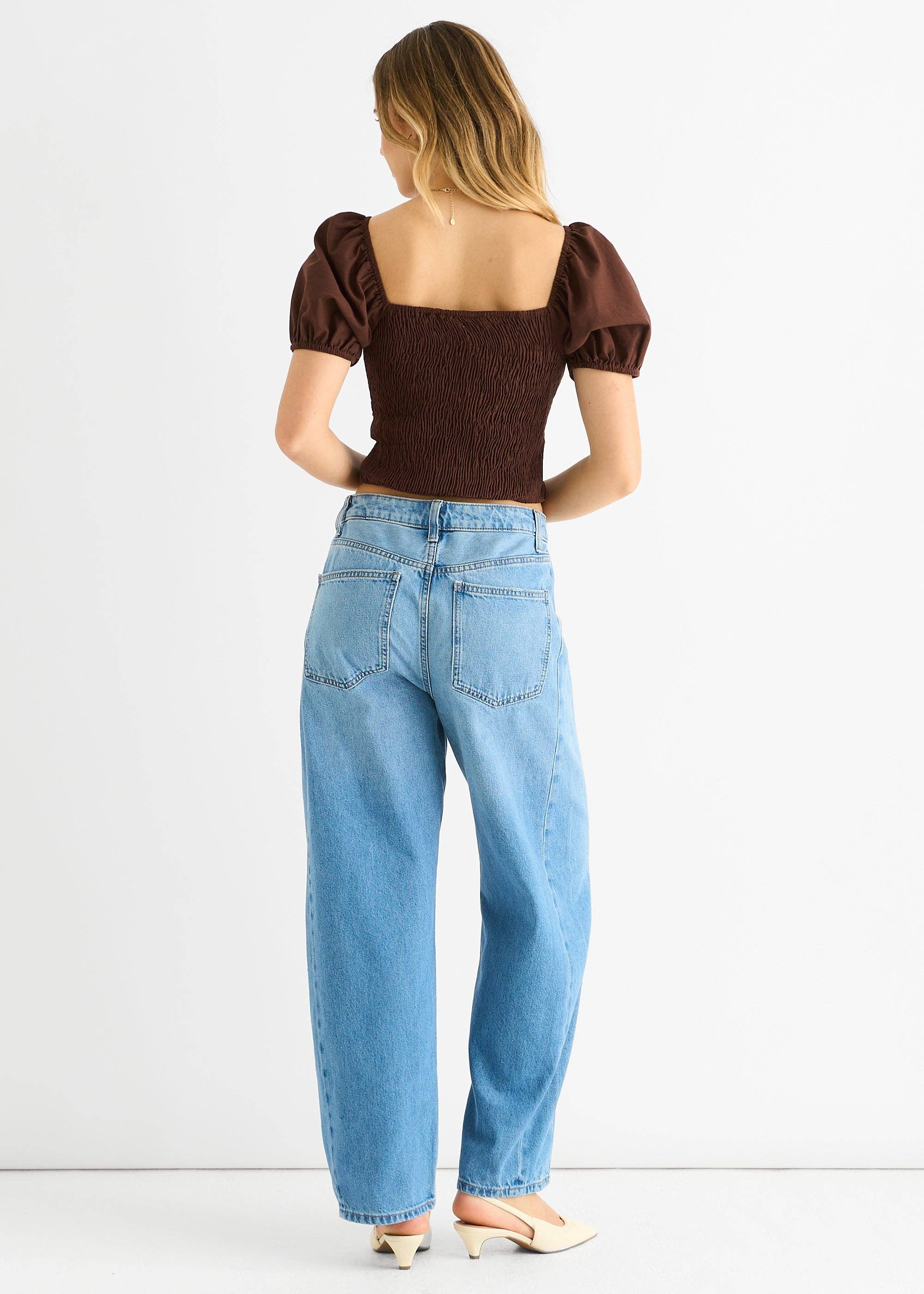 GINI LONDON - Wholesale Blouse - Women's - Chocolate Puff Sleeve Shirred Cotton Top3