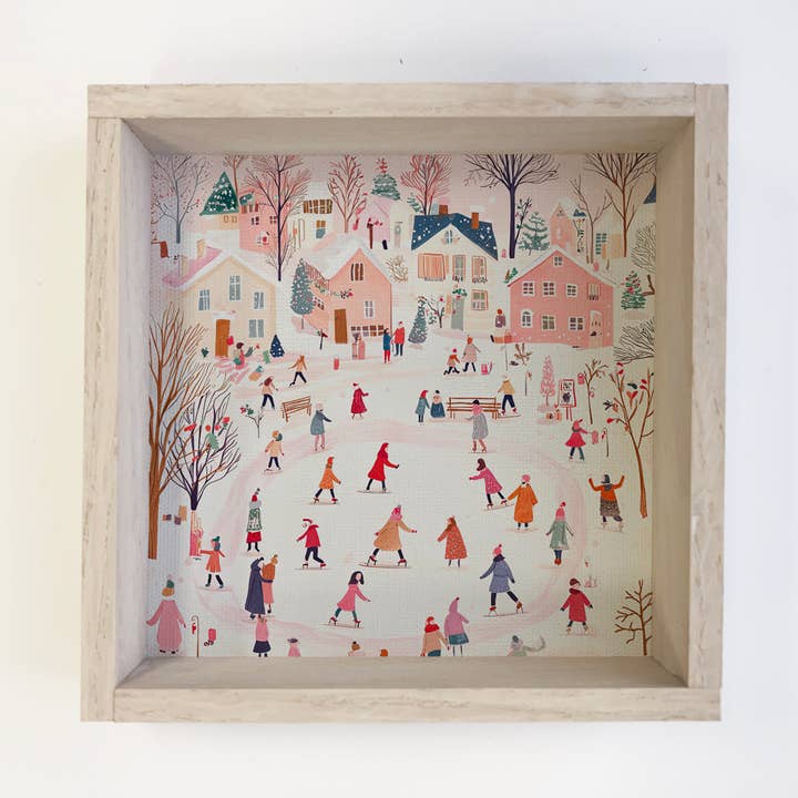 Pattinaggio su ghiaccio in città d'inverno - Arte su tela invernale carina - Incorniciata per la vendita all'ingrosso da parte di Hangout Home