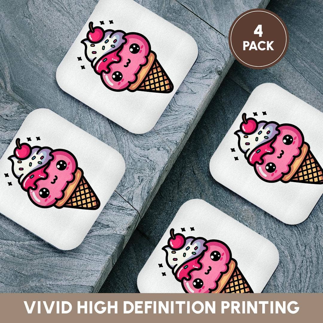 3dRose – wholesale Coasters – 3dRose, Cute Kawaii Illustration Of A Strawberry Waffle Cone Ice Cream, Coaster12