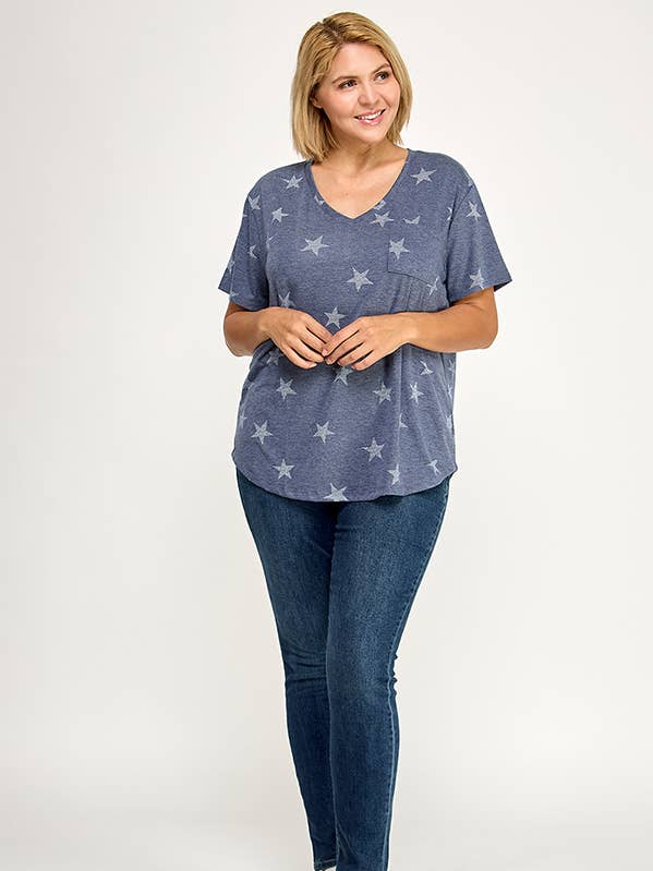 Camiseta de manga corta con cuello en V y estampado de estrellas para venta al por mayor de Cerule