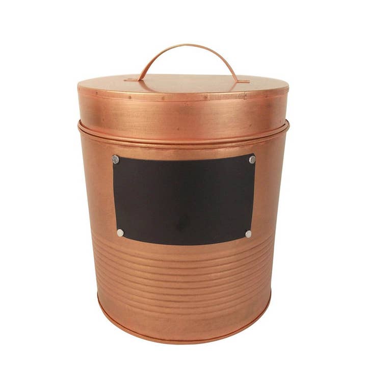 Tin Container with Lid and Chalkboard, Copper-Color - 9" Tall for wholesale by Birch Maison