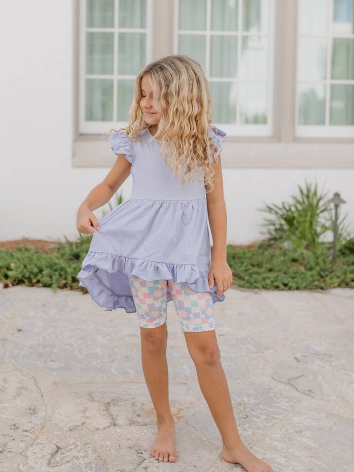 Adorable Sweetness - Wholesale Top & Short Set - Kids - Girls Periwinkle Ruffle Hi-Lo Retro Check Spring Short Set