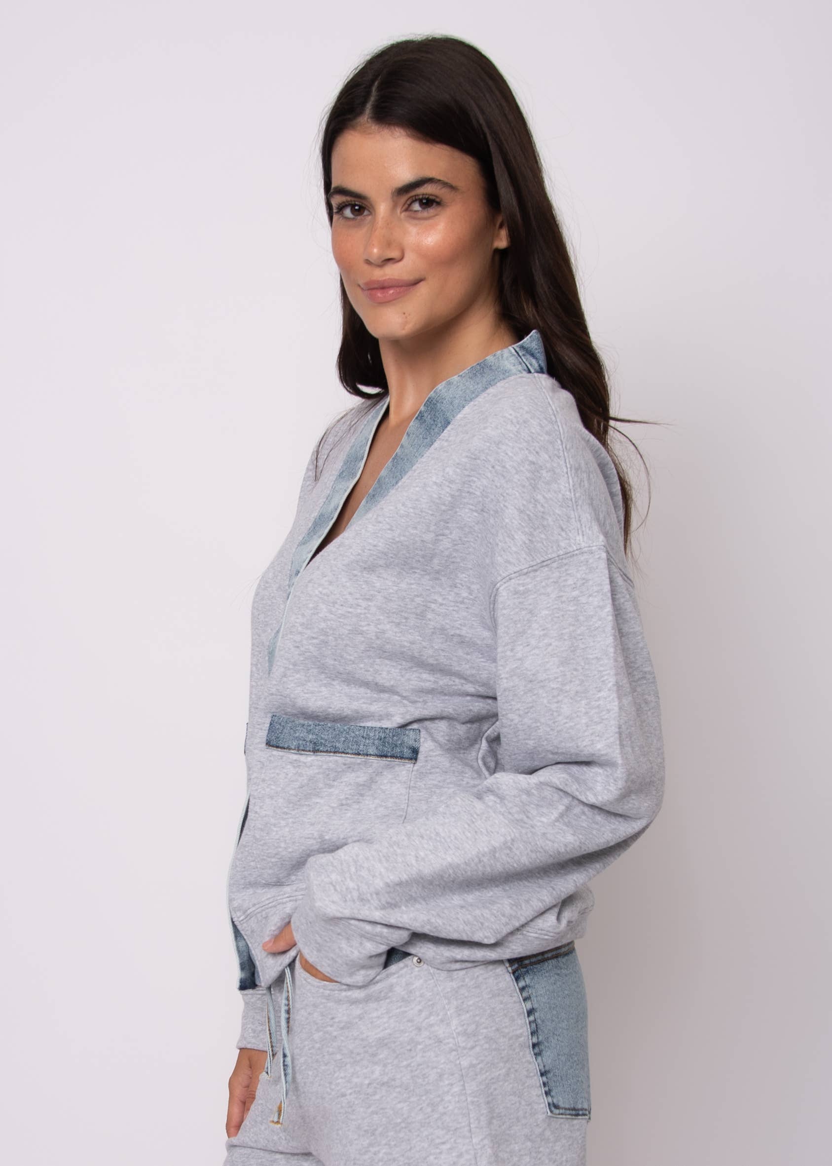 Grey Mel LT Wash KELLIE FRENCH TERRY WITH DENIM LONG SLEEVE CARDIGAN- 57F032S for wholesale on Faire3