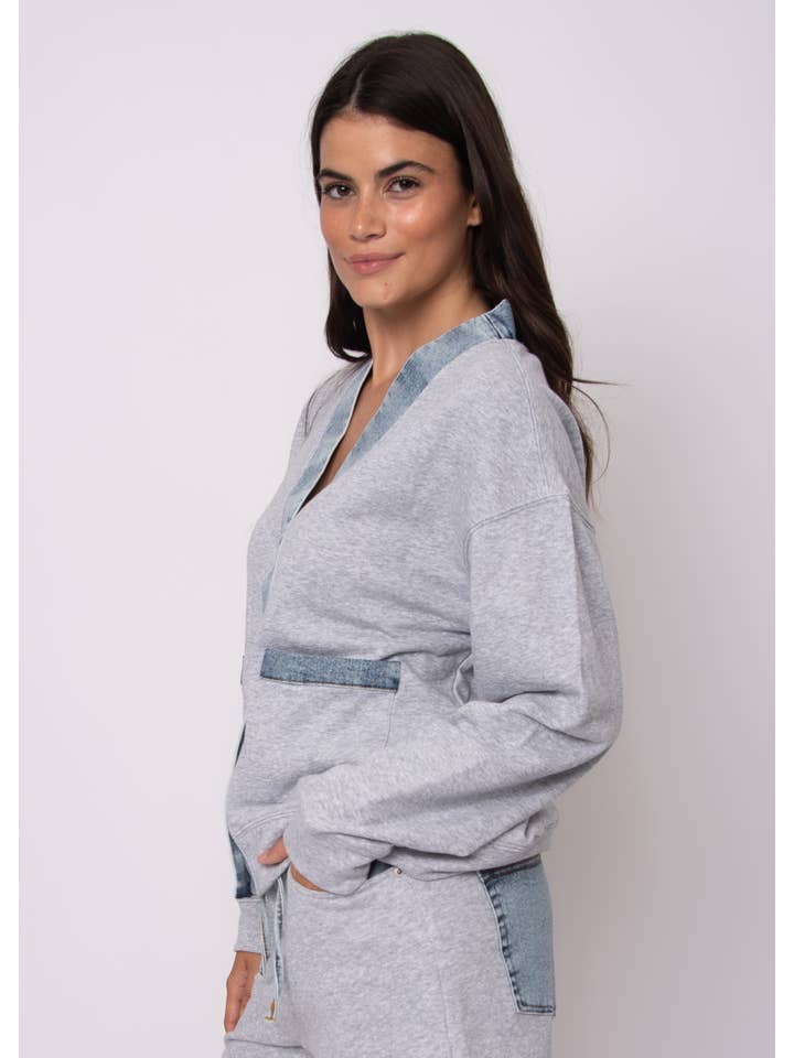 Grey Mel LT Wash KELLIE FRENCH TERRY WITH DENIM LONG SLEEVE CARDIGAN- 57F032S for wholesale on Faire3