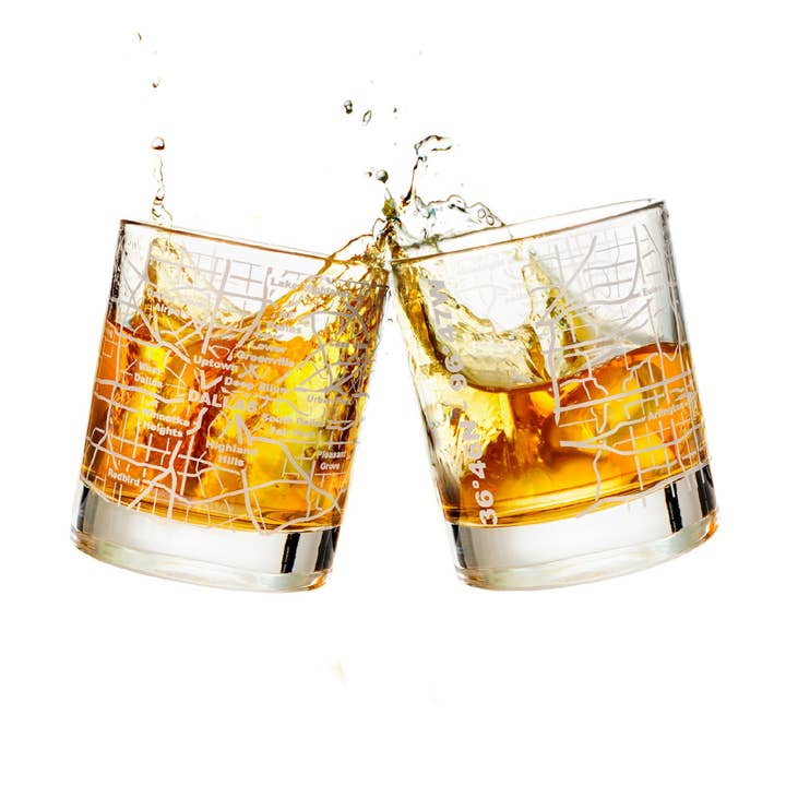 Dallas Etched Street Grid Whiskey Glasses for wholesale by Greenline Goods