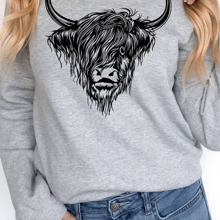 Highland Cow Country Rustic Chic Western Fleece Sweatshirt for wholesale by Kissed Apparel