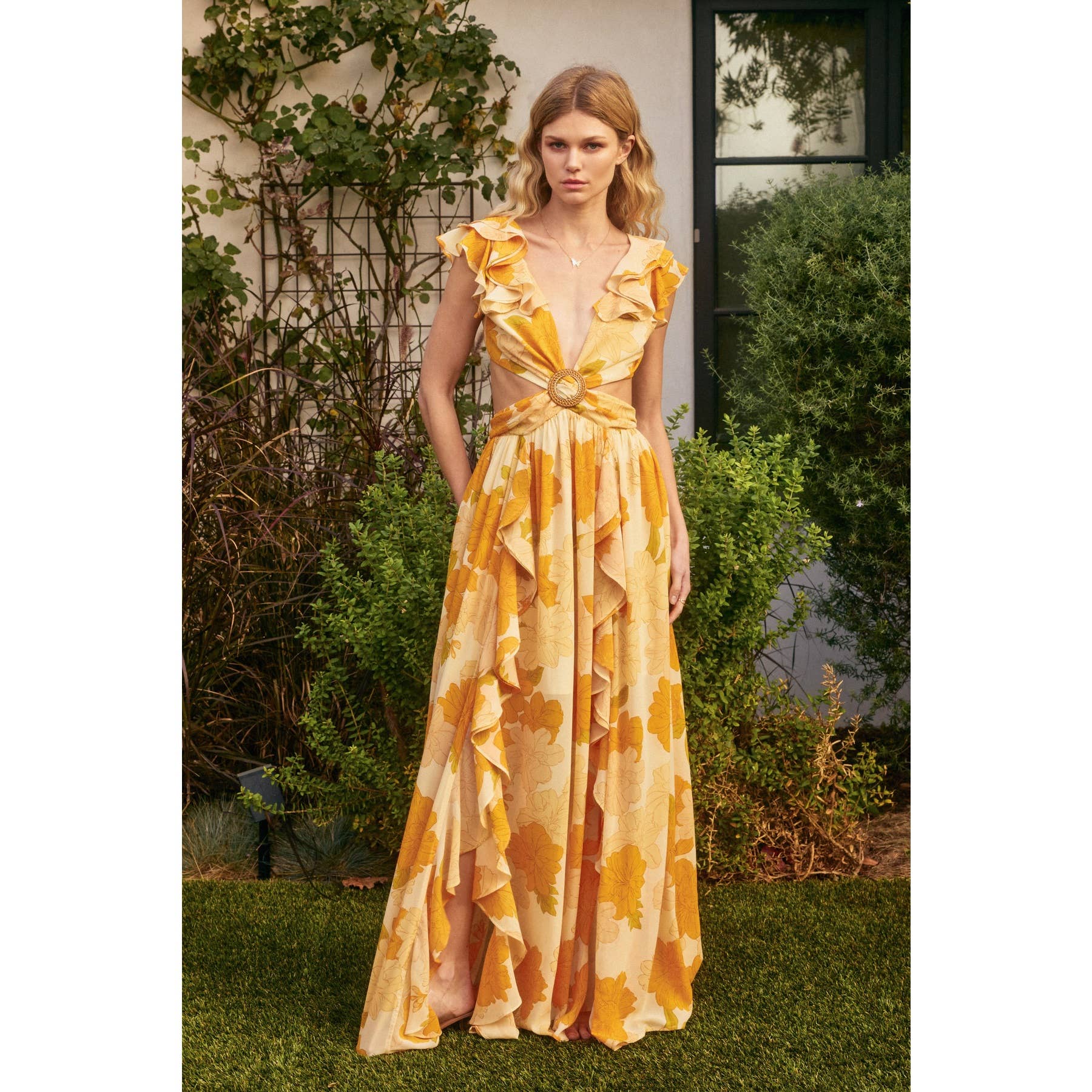 MANGO BLOSSOM Hugs And Kisses Cutout Frilly Maxi Dress for wholesale on Faire0