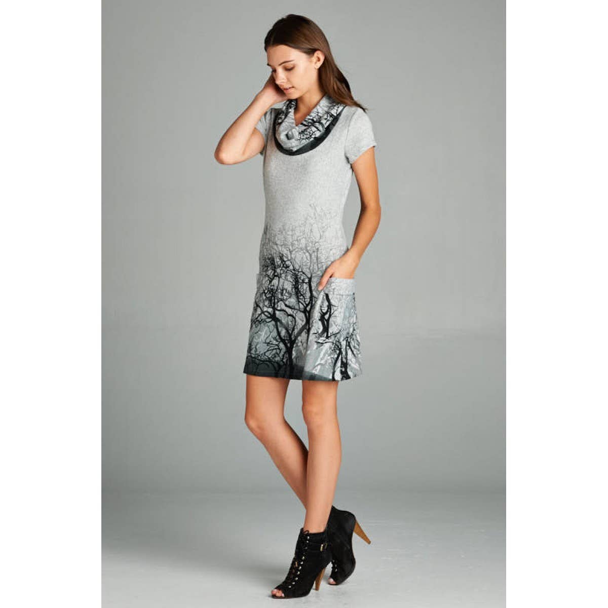 LA Soul - Wholesale Dress - Women's - Tree Branch Print Cowl Neck Winter Tunic Dress2