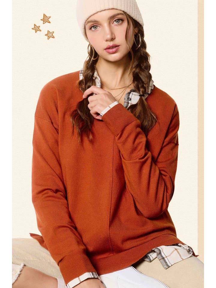 La Miel - Wholesale Knit Sweater - Women's - JBS3122-Stretchy V-neck Long Sleeve Lightweight Knit Top