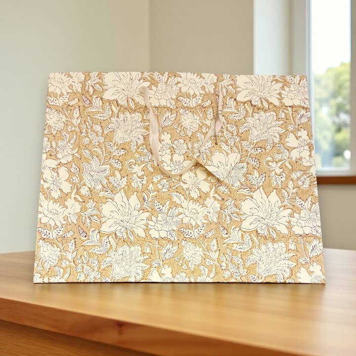 Handmade Block Printed Paper Bag | Brown Floral for wholesale by Aakriti
