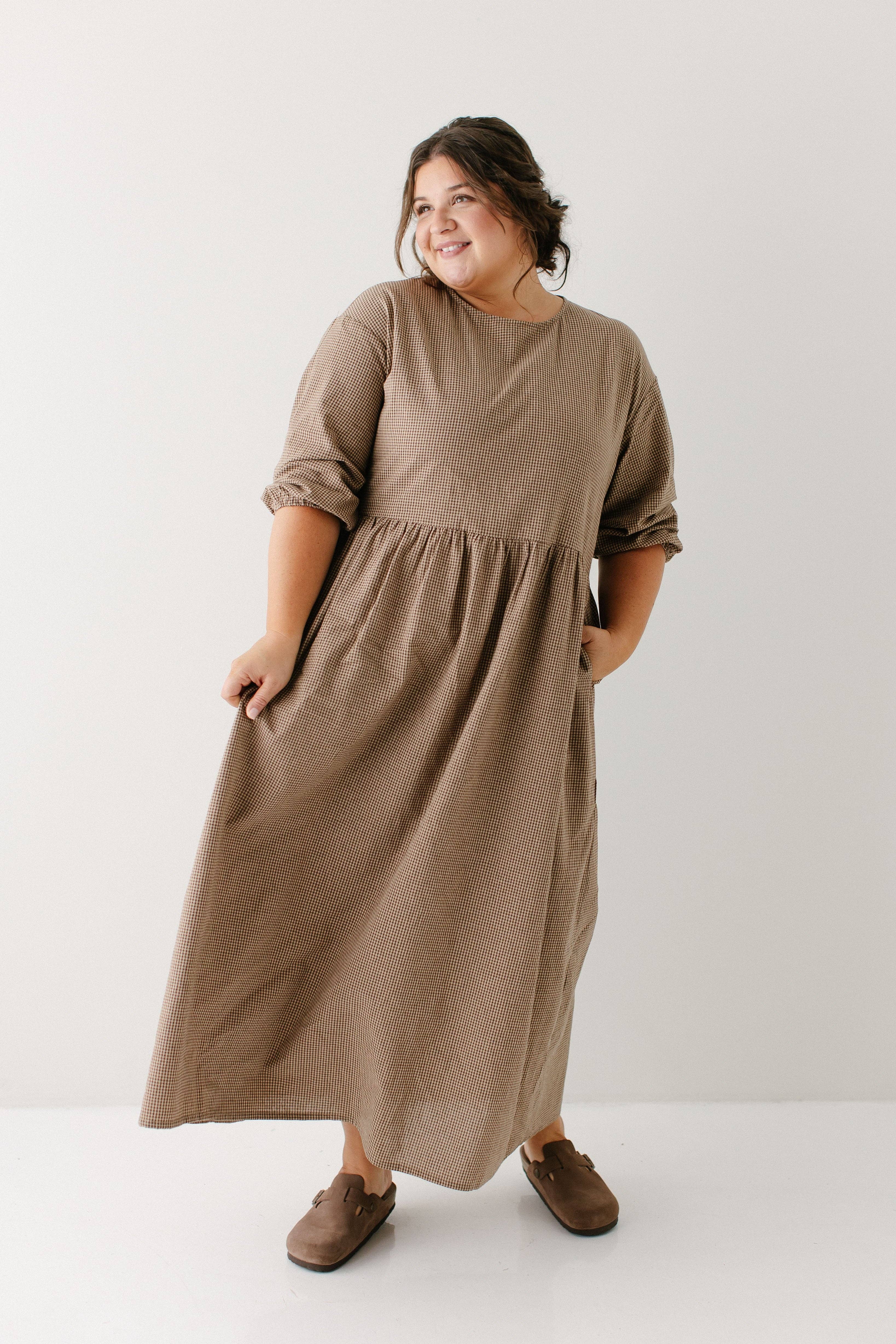 Brown 'Beth' Cotton Gingham Maxi Dress for wholesale on Faire1