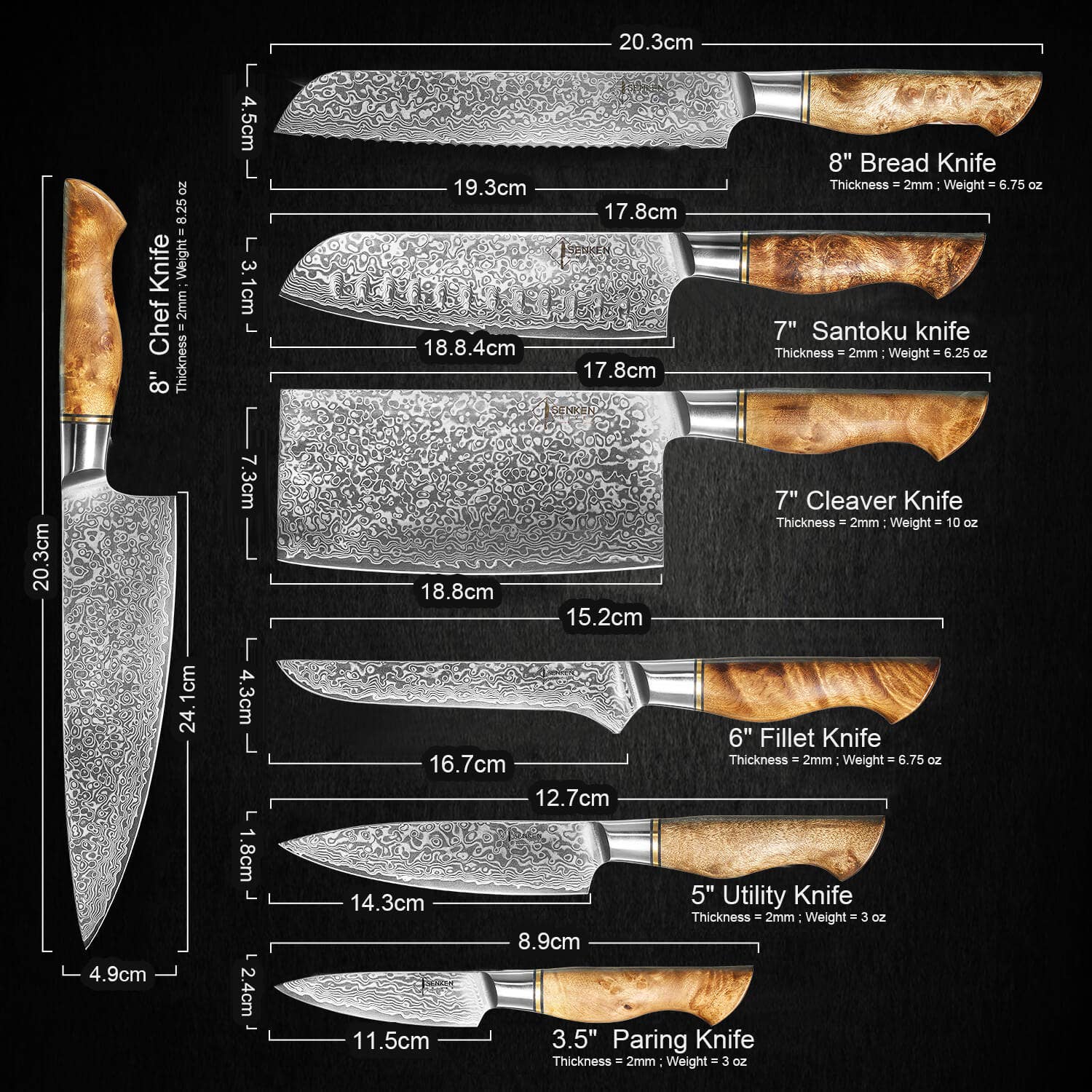 Senken Knives - Wholesale Knife Set - 7-Piece Japanese VG10 Damascus Knife Set - Sycamore Wood1