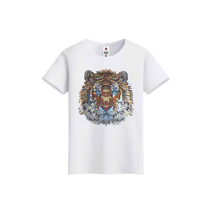 Camiseta urbana de manga corta con estampado de tigre y diamantes brillantes para hombre para venta al por mayor de Rhinestone Belt Store