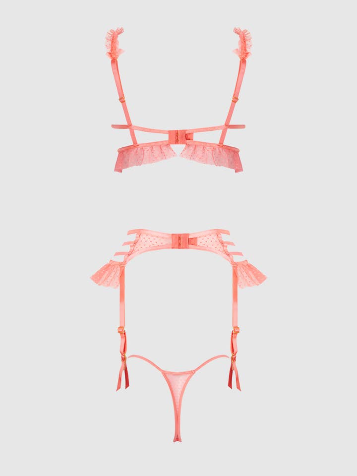House of Desire - Wholesale Lingerie Set - Women's - PORTIA SWISS DOT CUTOUT BRA, GARTER & THONG SET
