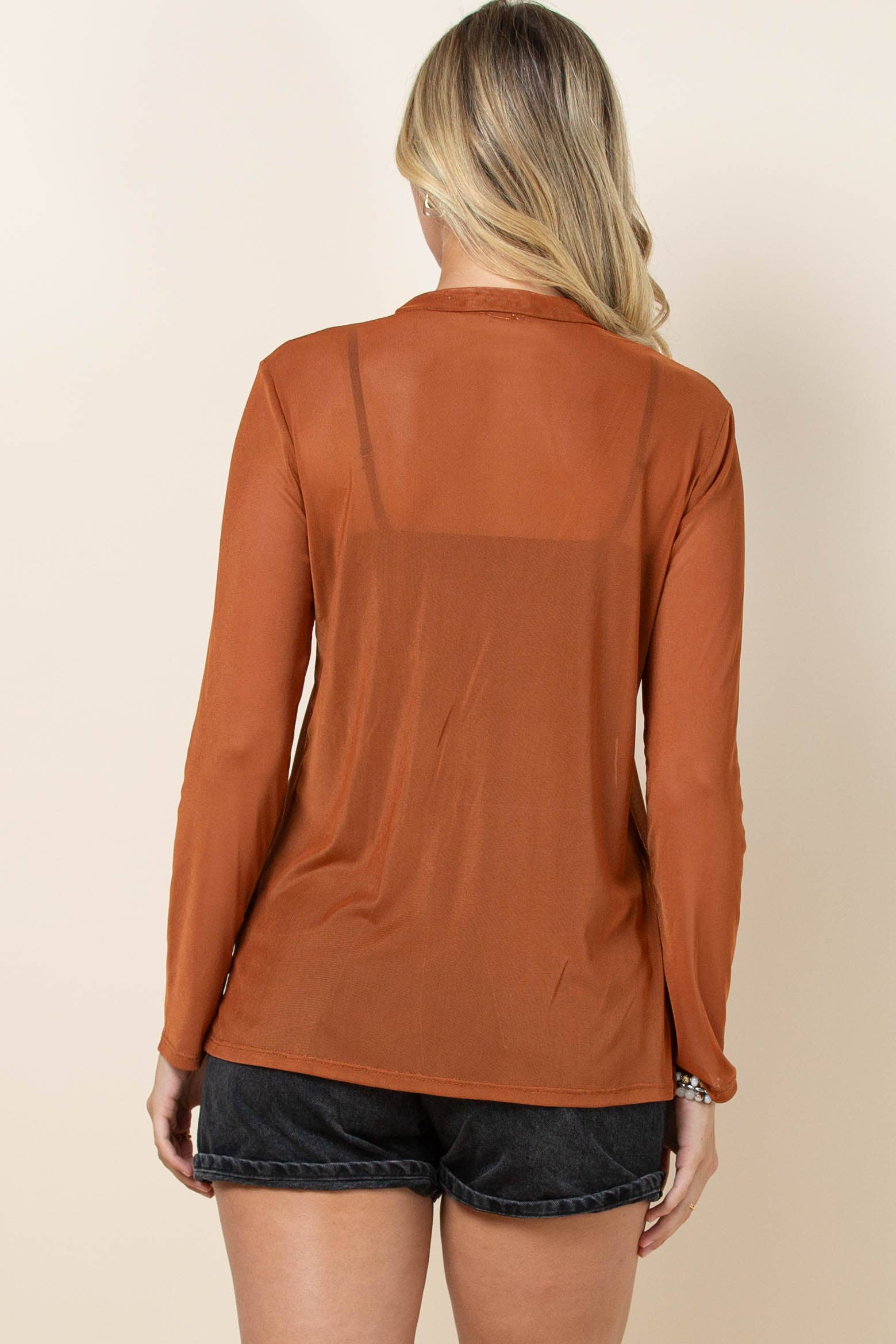 Cinnamon AV1230-CHASE SOLID SEMI SHEER MESH TOP for wholesale on Faire12