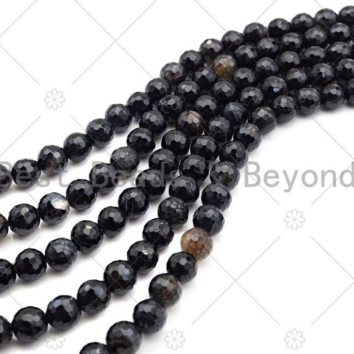 BestBeads&Beyond - Wholesale Beads - Speical Cut Black Round Faceted Fire Agate Beads, SKU#UA209c1