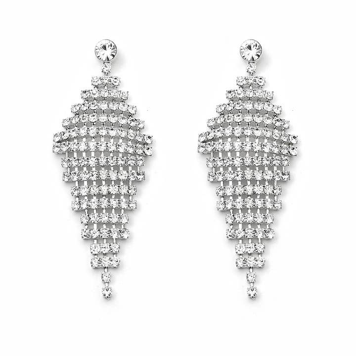 Cool Crystals - Wholesale Dangle Earrings - Silver Elongated Diamond Rhinestone Dangle Earrings