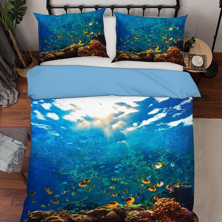 3D Blauwe Zeebodem Vis Koraal Dekbedovertrek Set Beddengoed Set Kussenslopen 18 voor wholesale door Jess Art Decoration