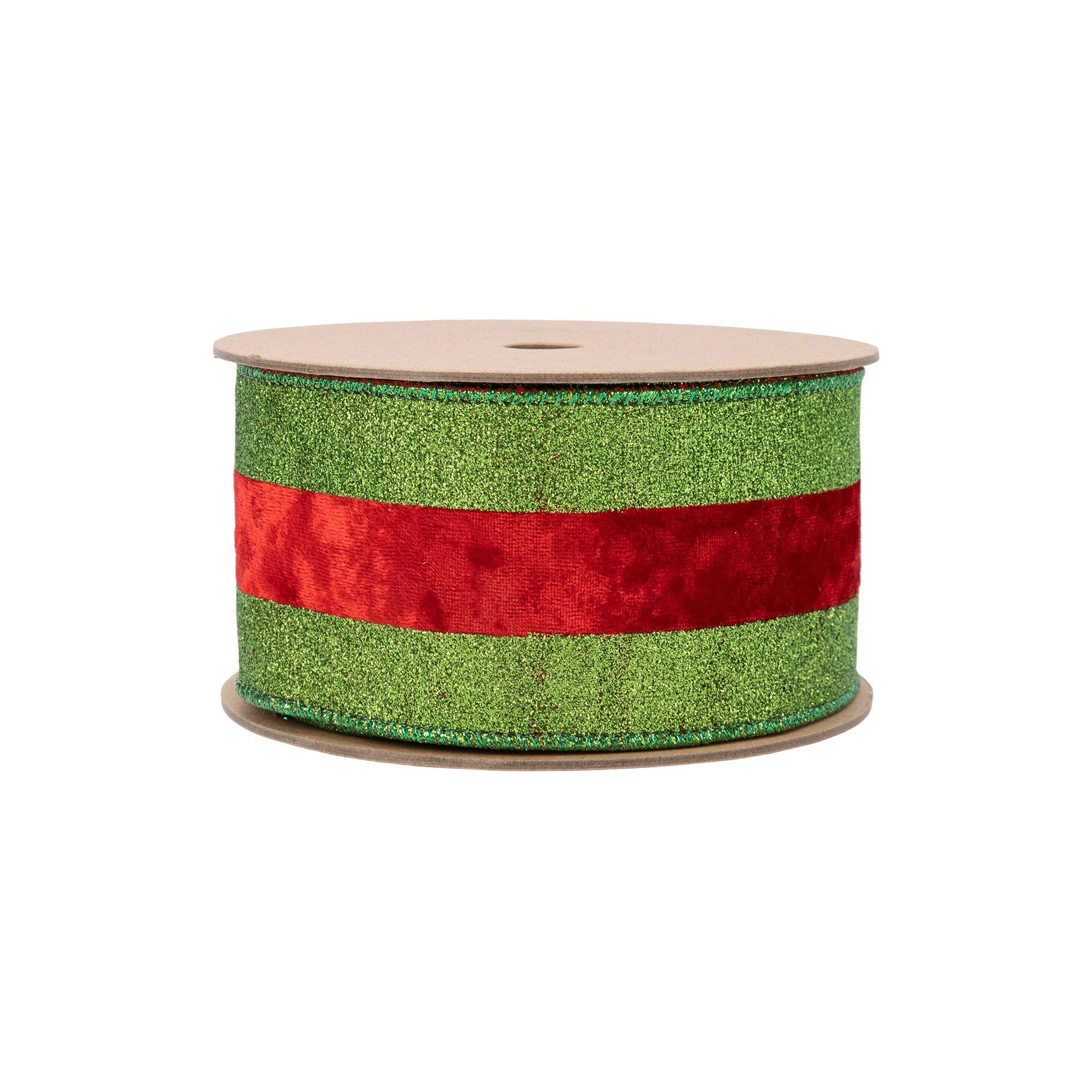 LA Ribbons Wholesale - Venta al por mayor Cintas - Envoltorio de regalos - Cinta con Alambre de 2 1/2" | Purpurina Verde con Raya de Terciopelo Rojo | Rollo de 10 Yardas1