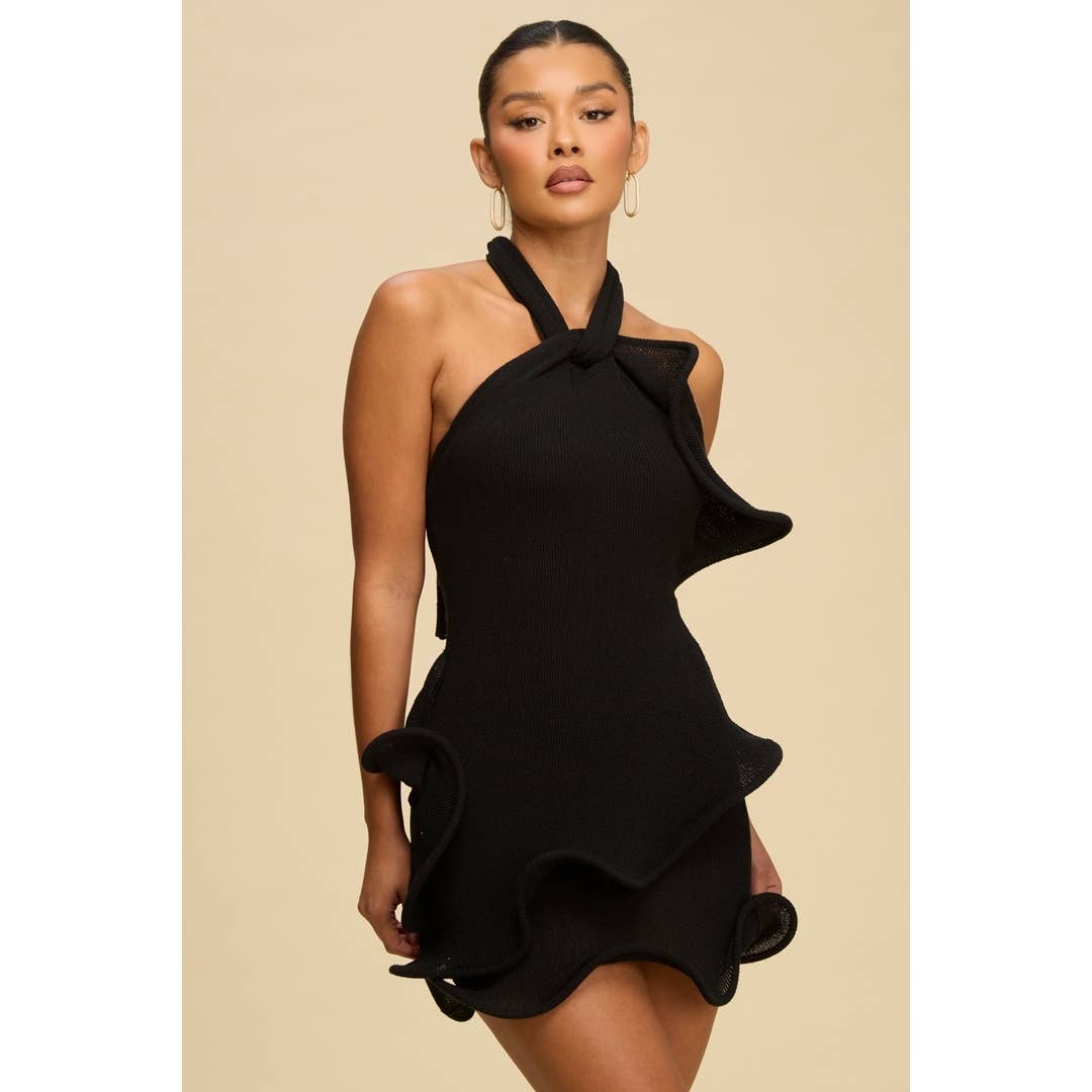 Luxxel - Wholesale Dress - Women's - KNIT RUFFLE HALTER MINI DRESS4
