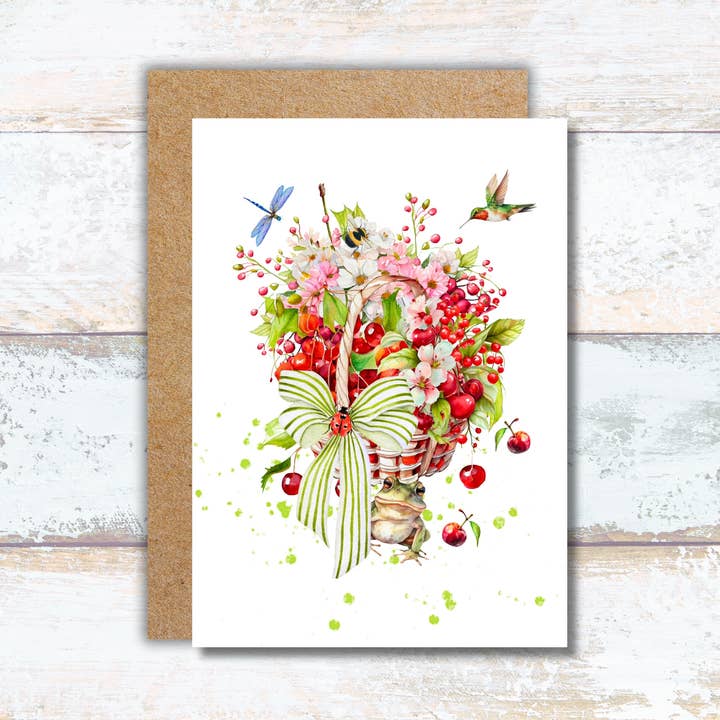 Aquarell-Grußkarte mit Kirschkorb im Landhausstil für den Großhandel von Designs by Michaela