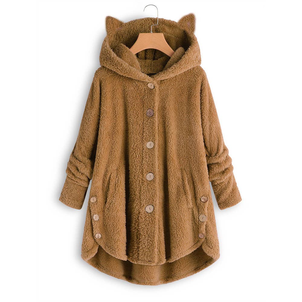 Lily Clothing - Wholesale Coat - Women's - BUTTON-UP HOODED CAT EARS PLUSH SOLID COAT2