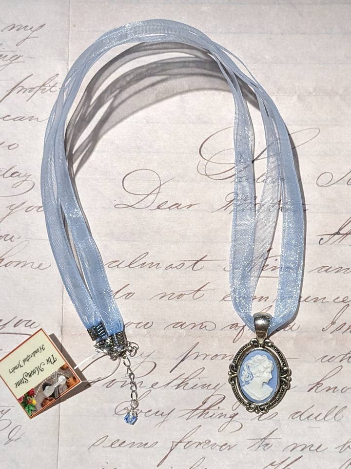Victorian Lady Cameo Ribbon Necklace ~ Blue for wholesale by The Marble Faun Gifts