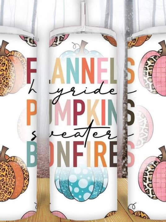 Bicchiere da 20 once in flanella con zucca e falò per la vendita all'ingrosso da parte di Creative Queen Boutique