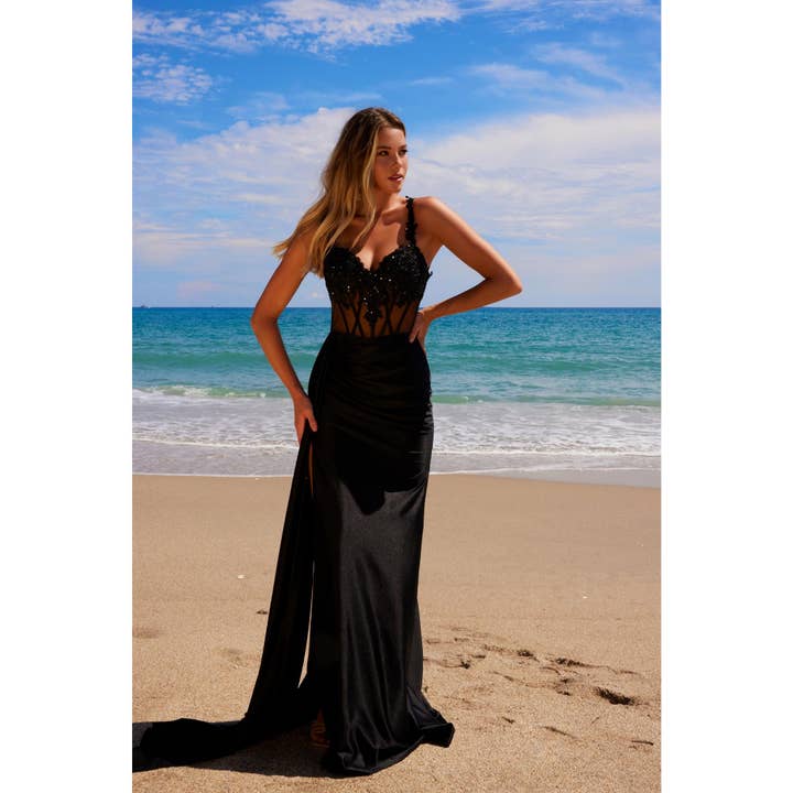 Sheer Corset Beaded Applique Dress with Slit-E1711 for wholesale by Noxanabel