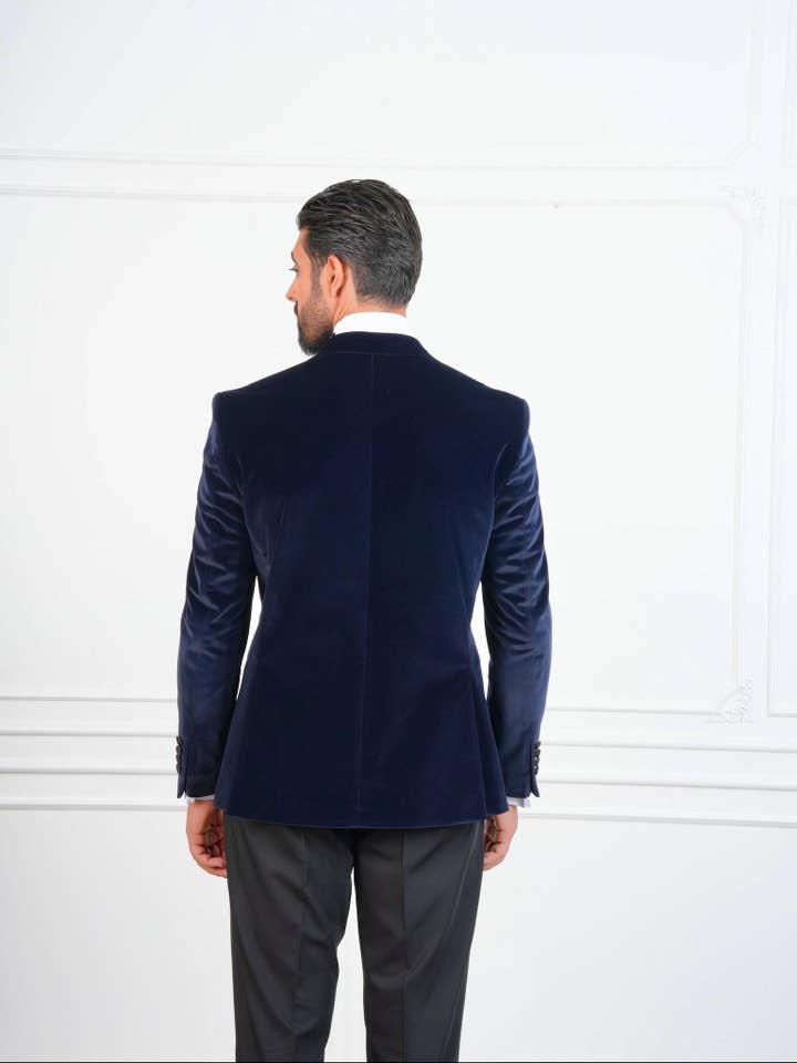 parez suits - Wholesale Tuxedo Set - Men's - Mens Navy Blue Velvet Tuxedo with Black Satin Lapel5