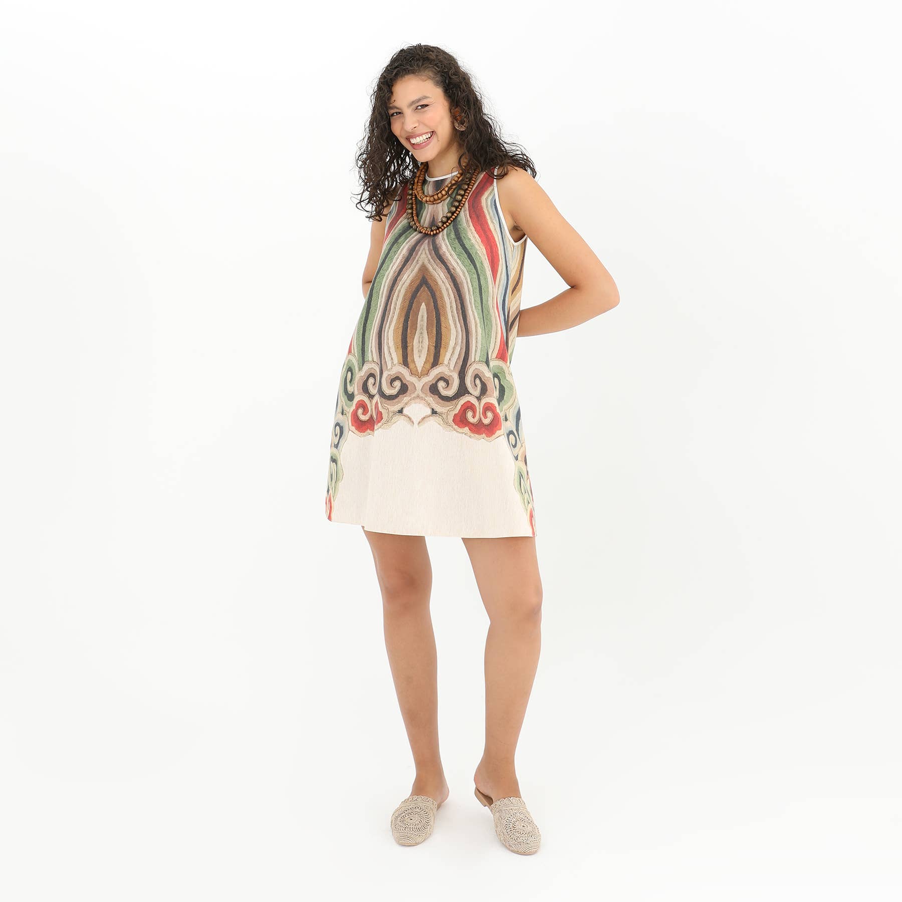 Abstrait et géométrique Robe trapèze mini en mélange de lin – Sans manches, imprimé exclusif en vente sur Faire4