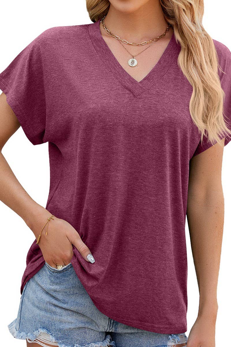 Lily Clothing - Vente T-shirt – femme - PULL DÉCONTRACTÉ À MANCHES COURTES DE COULEUR UNIE À COL EN V_CWTSTS019812