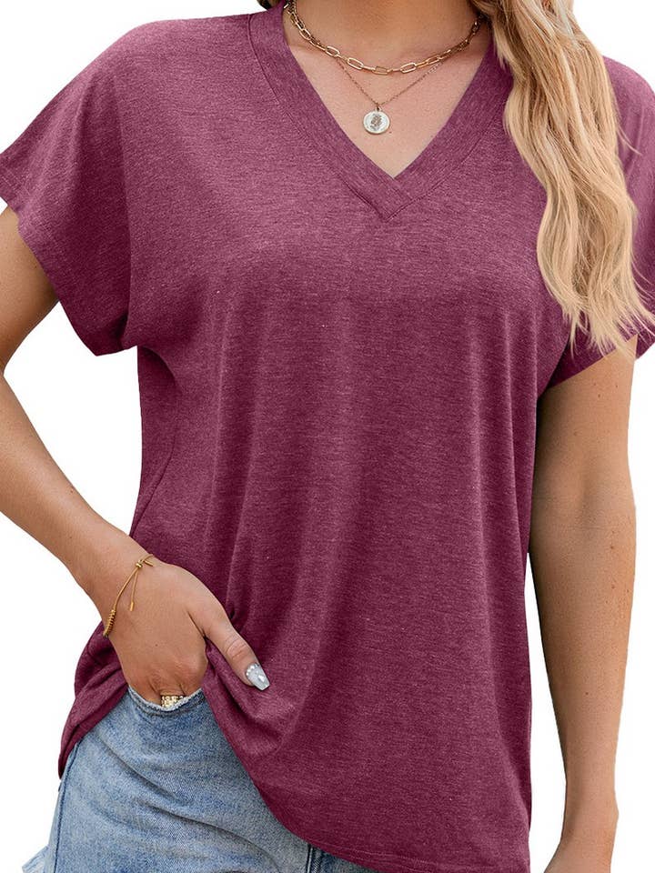 Lily Clothing - Vente T-shirt – femme - PULL DÉCONTRACTÉ À MANCHES COURTES DE COULEUR UNIE À COL EN V_CWTSTS019812