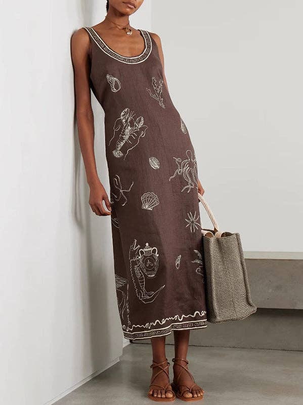 COFFEE Printed Sleeveless Spaghetti-Neck H-Line Vacation Maxi Dresse for wholesale on Faire0
