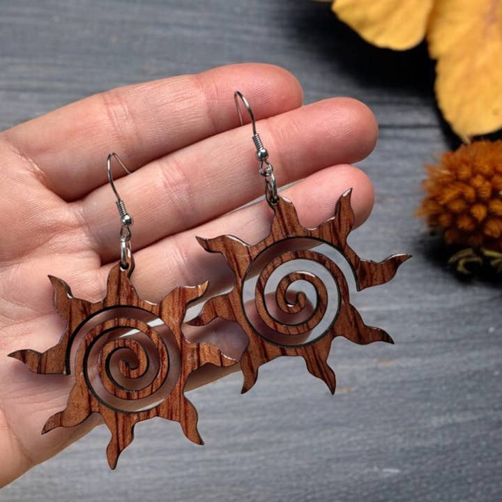 Fish Towne Designs, LLC - Wholesale Dangle Earrings - Handmade Wood and Resin Celestial Sun Dangle Earrings