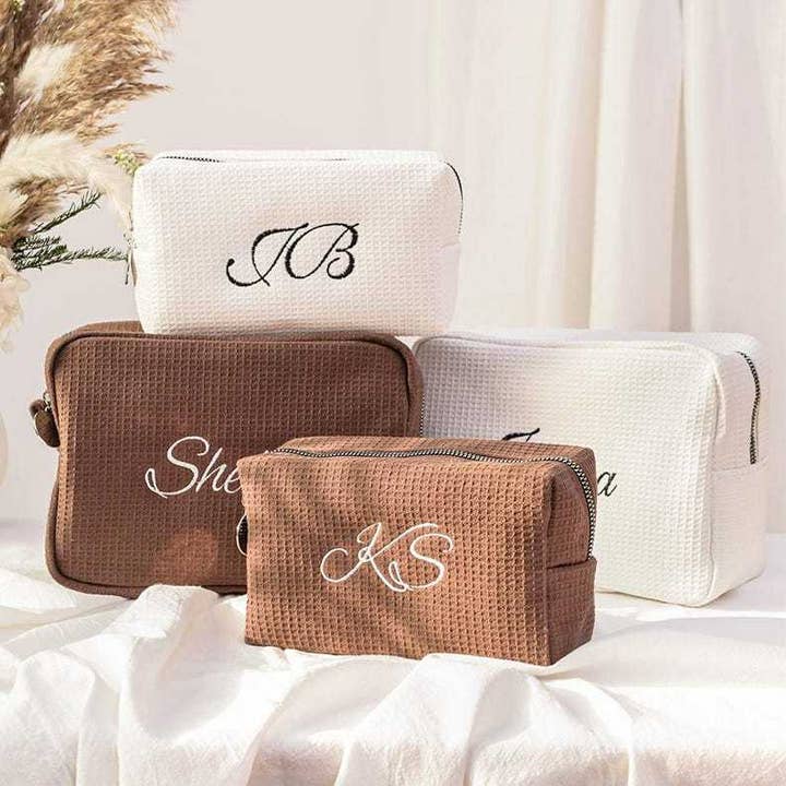 Personalized Embroidered large capacity Waffle cosmetic bag for wholesale by Little Trendy