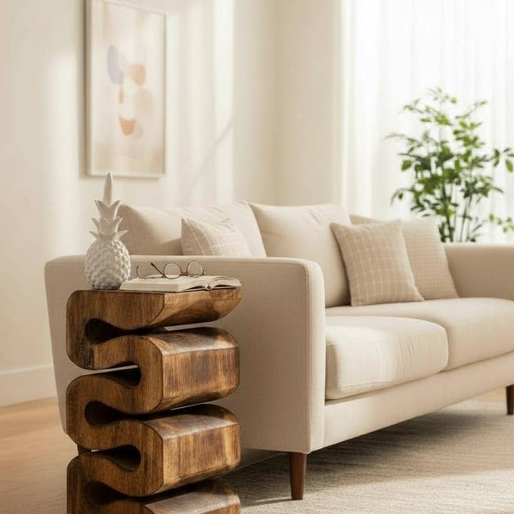 Houten kruk bijzettafel plantenstandaard bijzettafel handgemaakt gebrand slang van massief Suarhout 50x30x30 cm voor wholesale door SchnappFreude