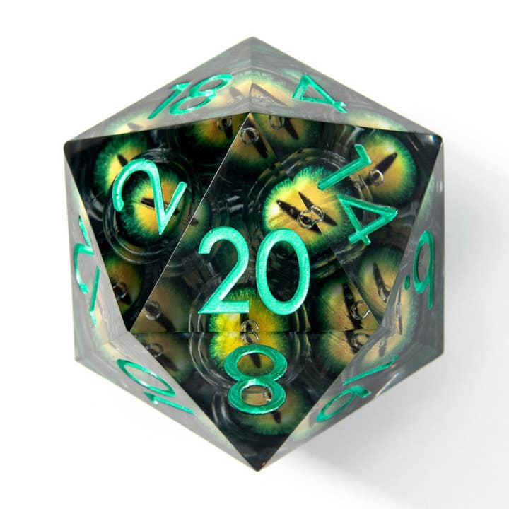 Eyes of Envy | 50mm D20 Dice | Oversized Moving Eye Liquid for wholesale by Tabletop Dominion Limited
