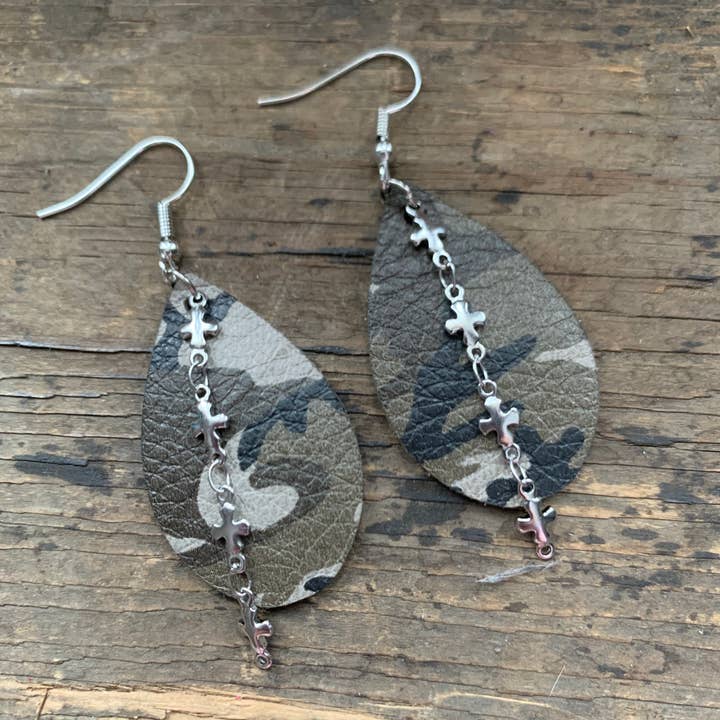 Camo Dangle Cross Chain Teardrop Leather Earring for wholesale by Jill's Jewels